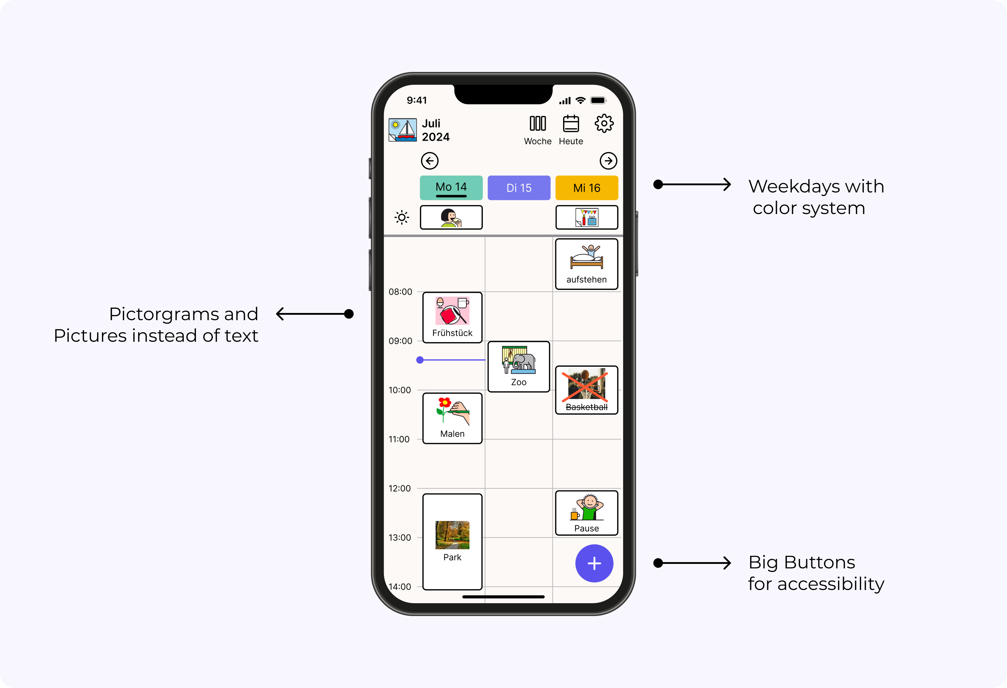 Independo Calendar app preview showing weekday color system, pictogram events and large accessibility buttons