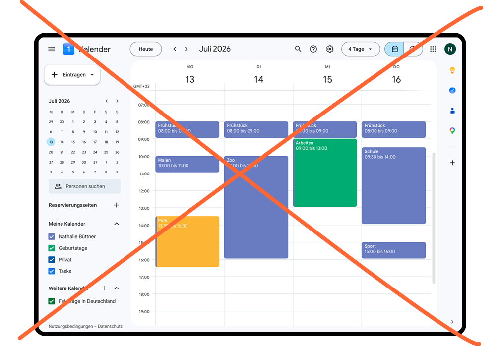 Google Calendar as an example of a text-heavy digital calendar.