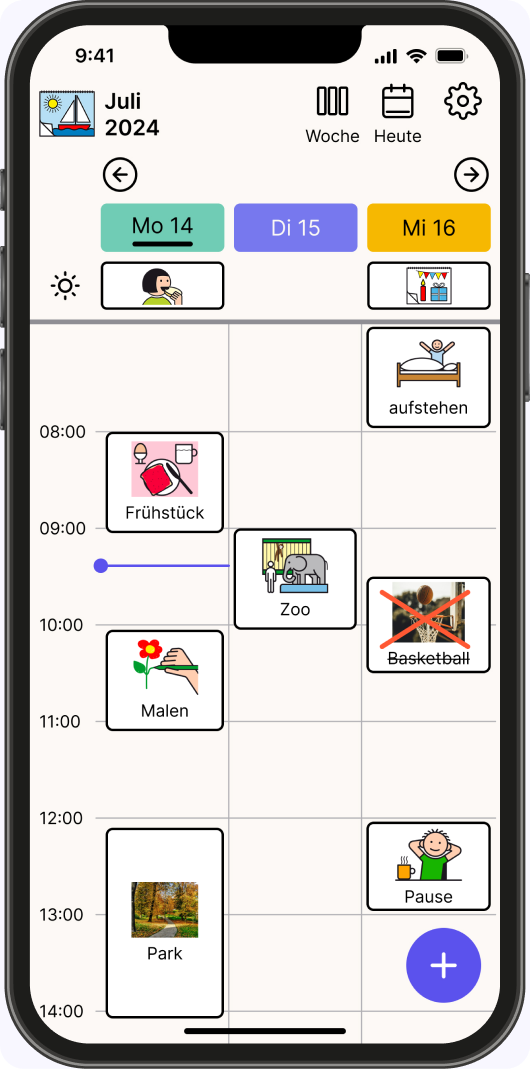 Independo Calendar day view showing time indicator and pictogram events
