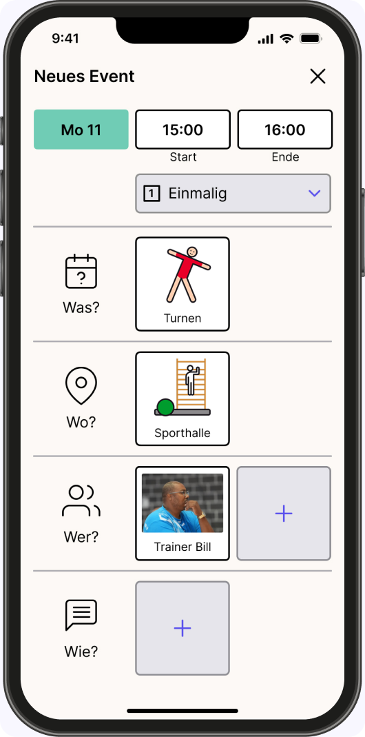 Independo Calendar create event screen with pictogram selection