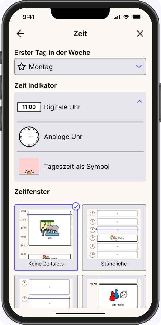 Independo Calendar settings screen for time display