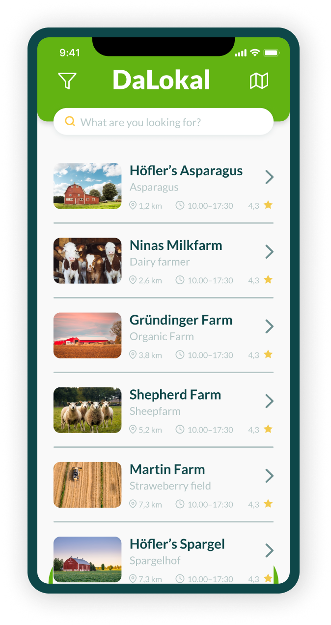 DaLokal home screen showing a list of nearby farms