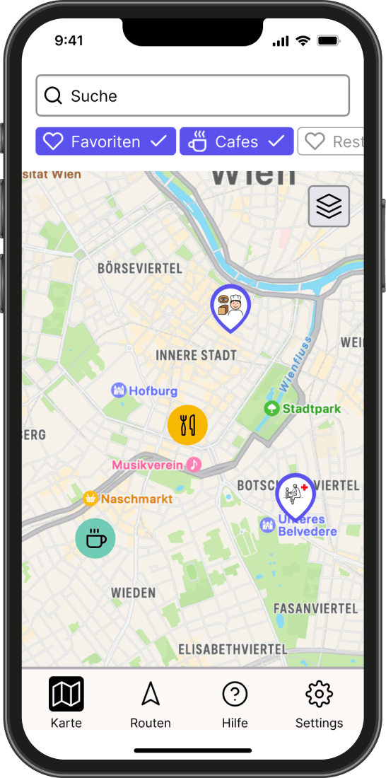 Independo Maps home screen showing the map with symbol-based location markers
