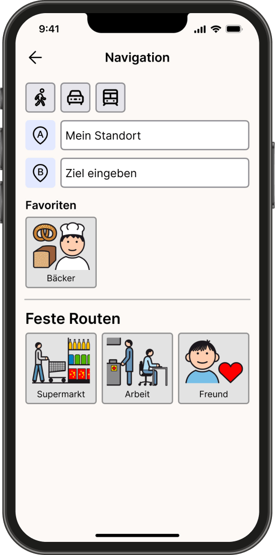 Independo Maps navigation screen showing symbol-based route options and favorites