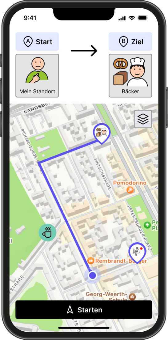 Independo Maps active navigation showing a route from start to destination